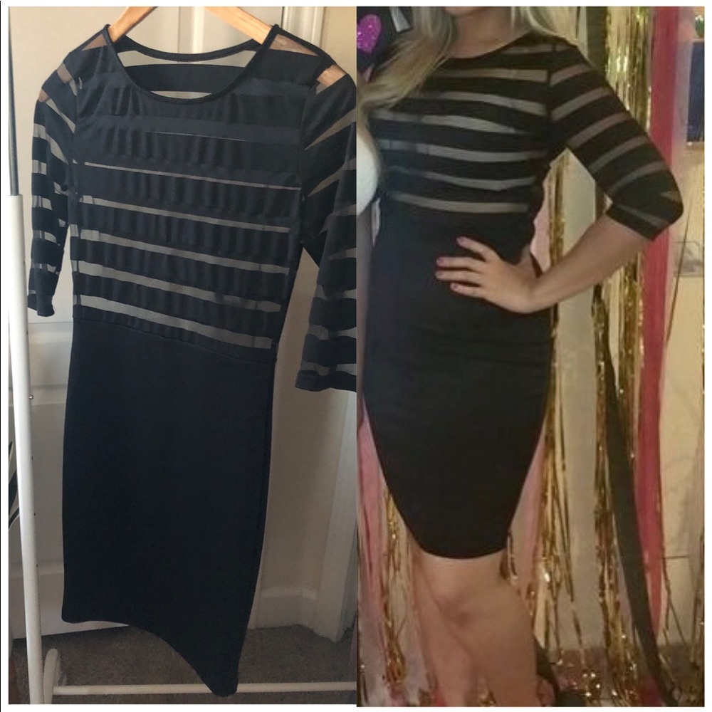 Striped Mesh Sheer Top Midi Dress